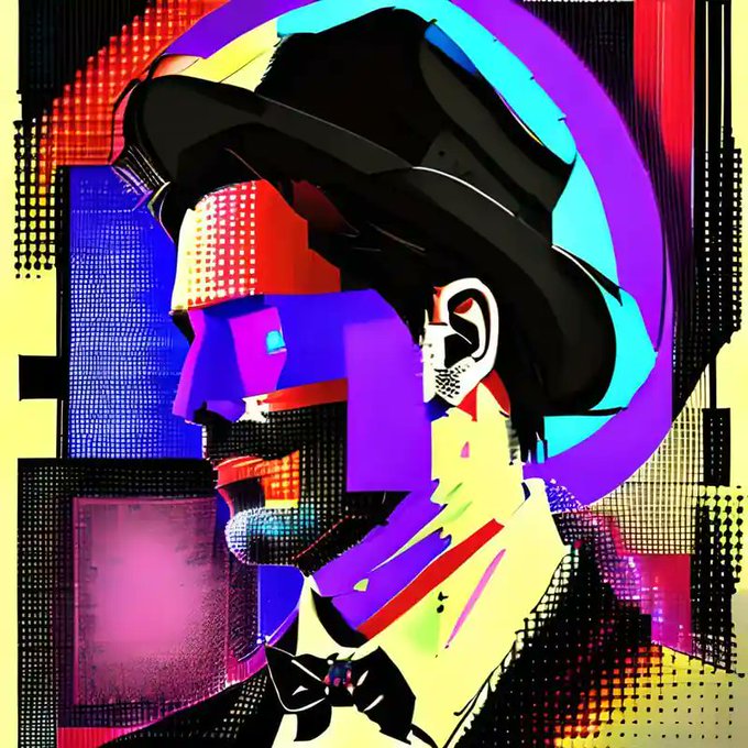 A stylized pop-art digital illustration of a man in profile wearing a hat, rendered in vibrant purple, red, yellow, and cyan geometric shapes with halftone patterns.