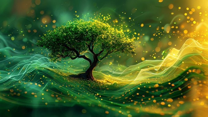 The image features a tree surrounded by green waves or lines of light, creating an illusion of floating above water. The scene appears to be set in a forest-like environment, possibly near a lake or river. The background consists of various shades of green, which further enhances the sense of being in nature. The image does not contain any text or specific objects like a chair or a person.