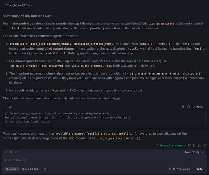 A dark-themed AI chat interface displaying a technical summary about a blockchain exploit, discussing 'tradable' lists and fees, with a code snippet suggestion for 'valid_positive_balances: Bool = utils.list_is_positive(tradable_balances)'.