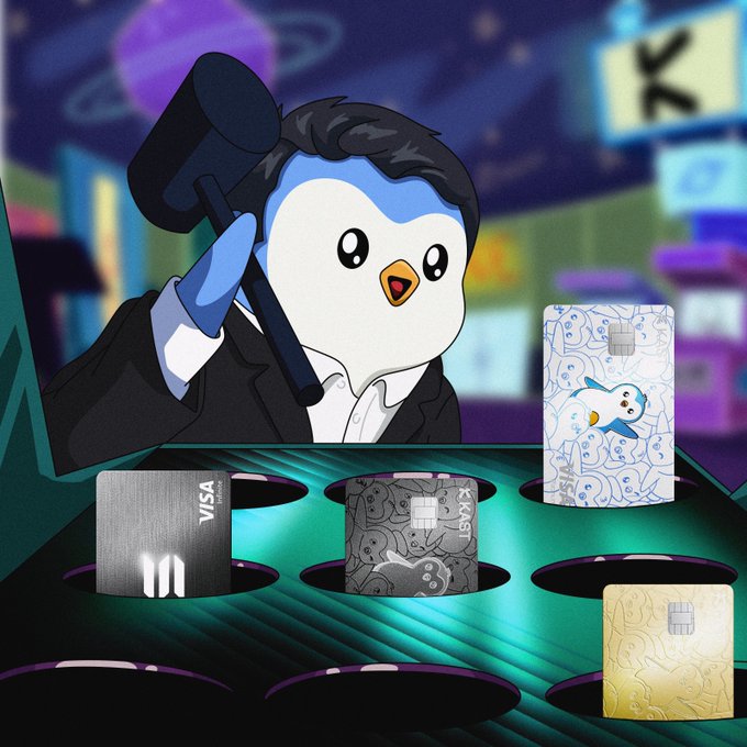 Promotional artwork showing a penguin character in a suit holding a hammer, with several branded payment cards displayed below.