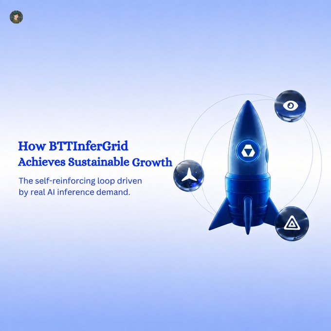 Minimalist blue gradient background featuring a 3D rocket illustration with floating icons and the text 'How BTTInferGrid Achieves Sustainable Growth: The self-reinforcing loop driven by real AI inference demand.'