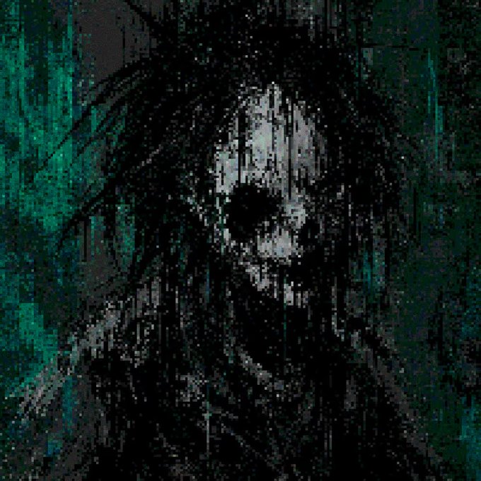 The image depicts a dark, glitchy pixel-art skull with hollow black eye sockets, rendered in shades of black, gray, and teal green with a distressed, static-like texture. The haunting skull imagery visually reinforces the volatile, ominous tone implied by the NFT post announcing the minting of "Volatile #94" collected by @Mar33Eth.