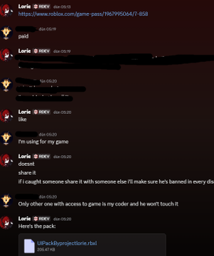 A screenshot of a Roblox Discord chat from user 'Loris' discussing a Roblox game and sharing a file named 'UIPacksProjectIcons.rbxl'.