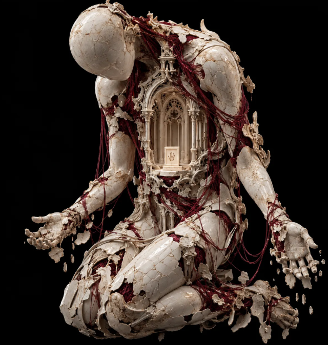 A dark, surreal digital artwork depicting a cracked, faceless humanoid figure with an ornate gothic cathedral architecture embedded in its chest cavity.