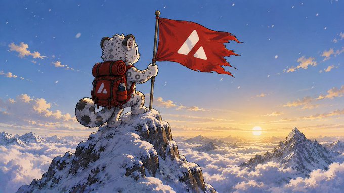 An illustration of a snow leopard with a red backpack planting a torn red flag with a white triangle logo atop a snowy mountain peak at sunset.