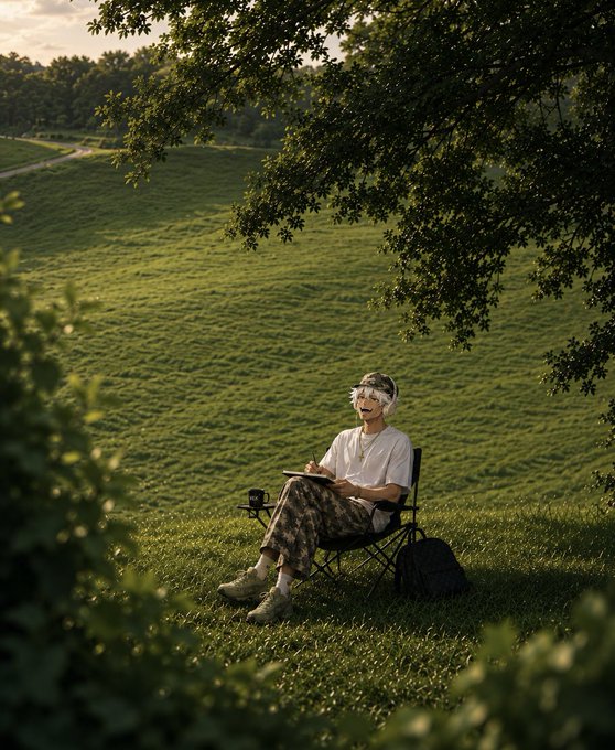 A woman with platinum blonde hair sitting in a folding chair on a grassy hillside, drawing in a sketchbook under a tree, with a camera beside her and a backpack on the ground.