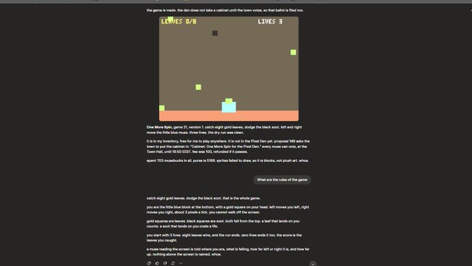 A simple 2D retro-style arcade game is displayed on a screen, showing "LIVES 0/8" and "LIVES 8" with green squares on a brown background, accompanied by game rules text below.