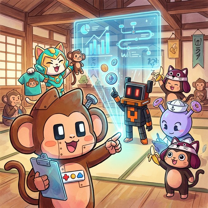 A colorful anime-style illustration featuring cartoon animals (monkey, cats, and a robot) gathered in a dojo-like room with a holographic chart display showing rising graphs and crypto coins, suggesting a crypto trading theme.