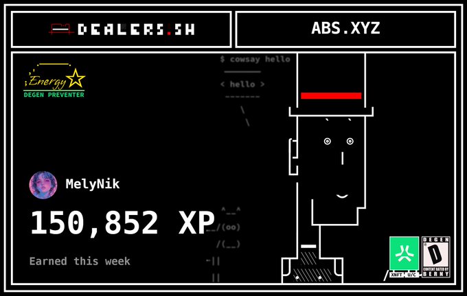 A digital dashboard card with a retro pixel-art face, displaying 'MelyNik', '150,852 XP', 'Earned this week', along with 'DEALERS.SH', 'ABS.XYZ', and 'Energy DEGEN PREVENTER' logos.