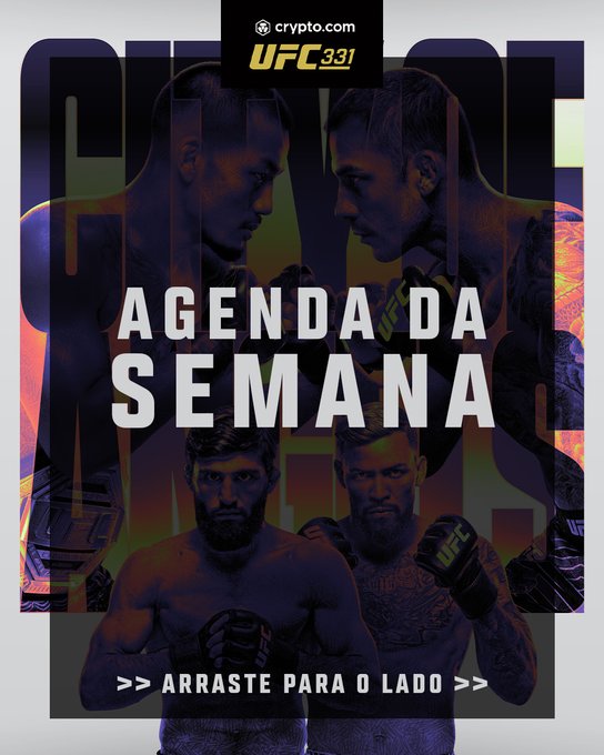 A promotional UFC 331 poster featuring four fighters in a face-off arrangement with Crypto.com branding, displaying the text "AGENDA SEMANA" (Weekly Schedule) and a prompt to "ARRASTE PARA O LADO" (swipe sideways), announcing the September 19 event schedule with pre-show at 5:30 PM, preliminary card at 6:30 PM, and main card at 10:00 PM on ParamountPlusBR.