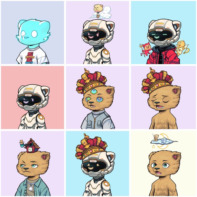 A 3x3 grid of cartoon NFT-style characters including an astronaut cat, a cat in a crown, and a blue-headed figure.