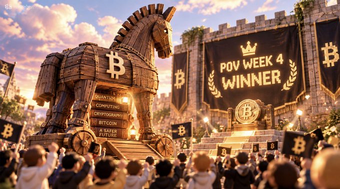 Digital artwork of a giant wooden Trojan horse adorned with Bitcoin logos, with banners reading 'POV WEEK 4 WINNER' and text on the horse listing 'QUANTUM COMPUTING', 'CRYPTOGRAPHY', 'BITCOIN', 'A SAFER FUTURE'.