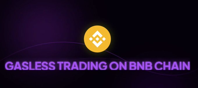 Dark promotional graphic with a glowing yellow BNB logo and the text 'GASLESS TRADING ON BNB CHAIN' in purple lettering.