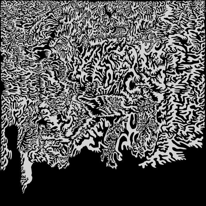 A high-contrast black and white image showing a figure with hands on their head, rendered in a dense, swirling pattern with drips extending downward.