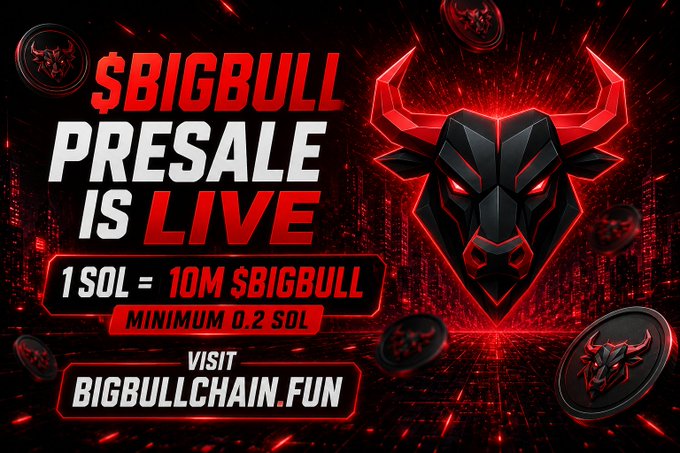 A bold red and black promotional graphic announces the "$BIGBULL Presale is Live" with a striking bull logo, stating "1 SOL = 10M $BIGBULL" and "MINIMUM 0.2 SOL," directing viewers to visit Bigbullchain.fun. The image visually reinforces the accompanying post's call-to-action for purchasing the $BIGBULL token on Solana by highlighting the exchange rate and minimum purchase requirement.