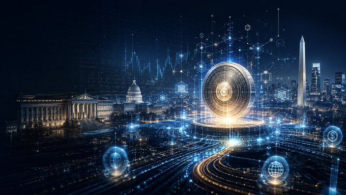 A futuristic digital art piece showing Washington D.C. landmarks (Lincoln Memorial, Capitol, Washington Monument) overlaid with glowing blue blockchain networks, data streams, and a central circular holographic element.
