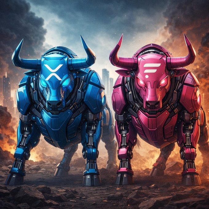 Two mechanical bulls, one blue with an "X" emblem representing XRP and one pink/magenta representing Flare (FLR), stand side by side charging forward through a fiery battlefield, symbolizing bullish momentum for both cryptocurrencies.