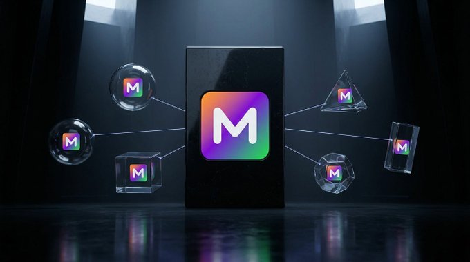 A glowing black monolith emblazoned with a colorful "M" logo stands at the center, connected by thin lines to floating translucent crystals and glass shapes in spherical, cubic, and pyramid forms—each also bearing the "M" emblem—evoking a network of nodes or assets orbiting a central authority. The image visually reinforces the post's governance question by depicting a single central hub radiating control over peripheral elements, mirroring the tension between shared ledgers and institutionally controlled ones in blockchain architecture.