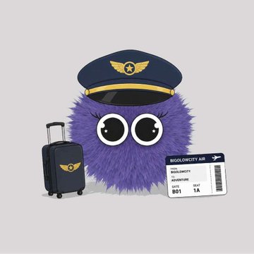 A digital illustration of a purple fluffy round character with large googly eyes, wearing a black pilot's hat with a gold emblem, standing next to a small suitcase and a 'BIGOLORCITY AIR' boarding pass.