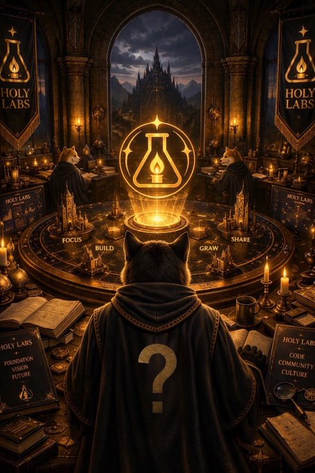 A dark fantasy digital artwork featuring a cat character with a '?' on its cloak standing in a candle-lit chamber with banners reading 'HOLY LABS', facing a glowing flask emblem and a distant castle.