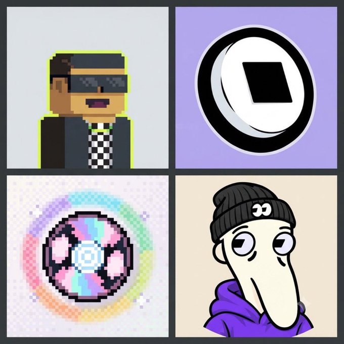 A 2x2 grid of stylized NFT/crypto artwork featuring a pixel art man with sunglasses, a black and white coin/token logo, a colorful pixelated sphere, and a cartoon character in a black beanie and purple hoodie.