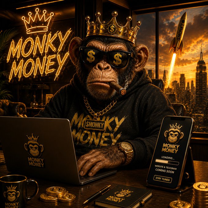 A promotional image for a token called '$MONKY MONEY', depicting a chimpanzee wearing a gold crown, dollar-sign sunglasses, and a hoodie, working on a laptop with a city skyline at sunset in the background.