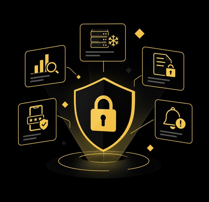 Yellow and black graphic illustration showing a central security shield with padlock icon surrounded by six connected feature panels including analytics, server, document security, mobile auth, and notifications.