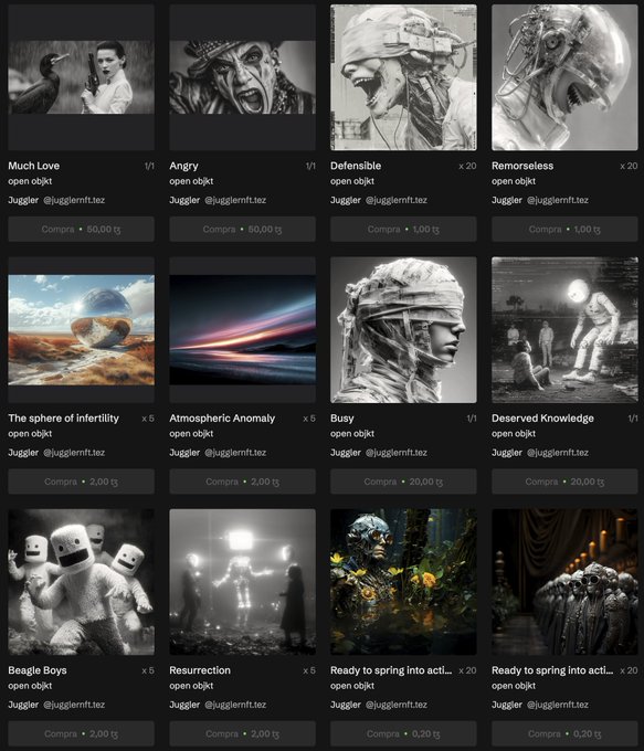 A screenshot of an NFT marketplace displaying a collection of monochrome artworks titled with names like 'Much Love', 'Angry', 'Defensive', 'Remorseless', 'The sphere of infertility', 'Busy', and 'Resurrection', all credited to Juggler @jugglemft.tez.