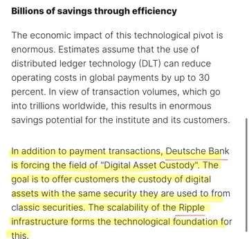 An article excerpt titled 'Billions of savings through efficiency' discussing distributed ledger technology (DLT), global payment cost reductions, and Deutsche Bank's digital asset custody plans using Ripple infrastructure, with portions highlighted in yellow.