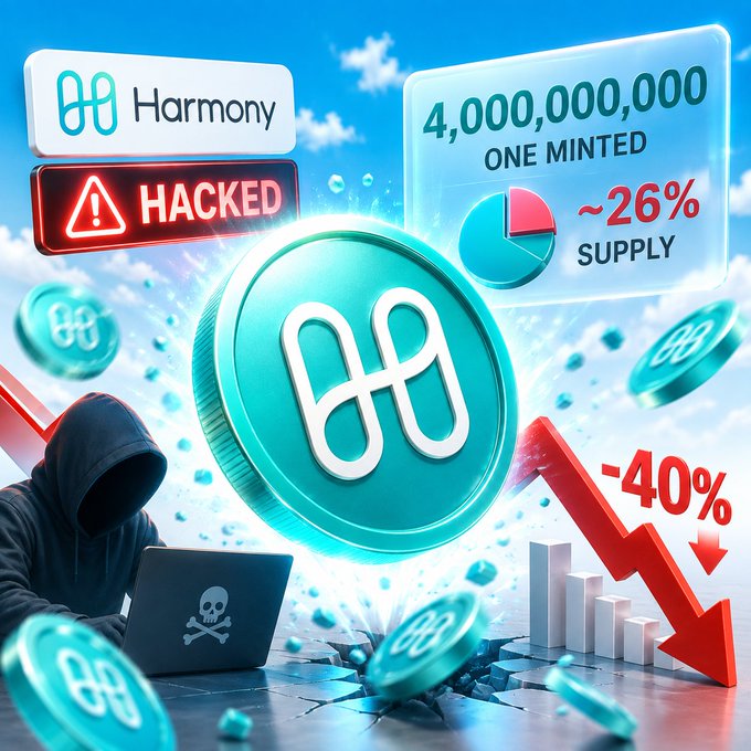 Image depicts a hacker exploiting Harmony and minting 4,000,000,000 ONE—about 26% of the token supply—followed by a red “-40%” price decline. It also shows the Harmony logo, an “HACKED” warning, and a falling-market graph.