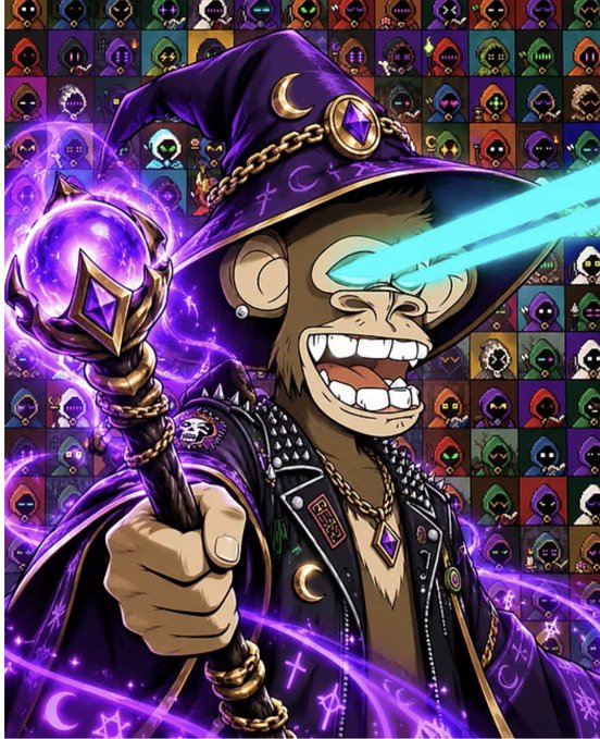 A digital illustration of an anthropomorphic monkey dressed as a wizard in a purple hat and spiked leather jacket, wielding a glowing purple staff while firing cyan laser beams from its eyes, set against a background grid of other monkey characters.