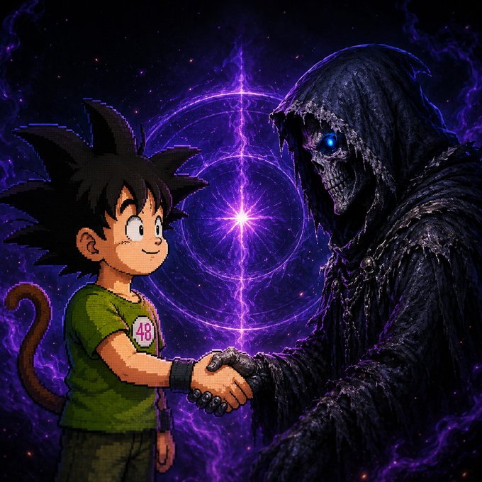 Digital artwork of an anime-style child with a tail shaking hands with a hooded grim reaper against a purple cosmic background.
