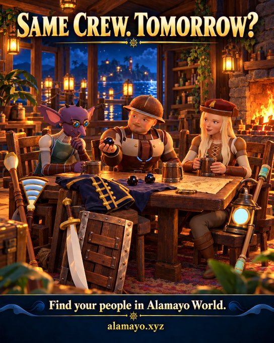 A digital advertisement for 'Alamayo World' featuring three fantasy characters sitting around a table playing a game, with the text 'SAME CREW. TOMORROW?' and 'Find your people in Alamayo World. alamayo.xyz'.