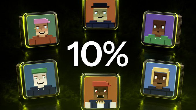 Six pixelated character icons are arranged in a hexagonal pattern around the bold "10%" text, illustrating the share of NFTX swap fees from these pixel art "STACKERS" NFTs that has been distributed to holders via hourly payouts.