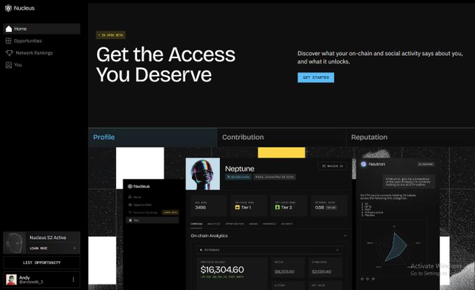 A screenshot of the Nucsus platform dashboard displaying 'Get the Access You Deserve' with a profile for 'Neptune' showing on-chain analytics including a $16,304.60 net worth.