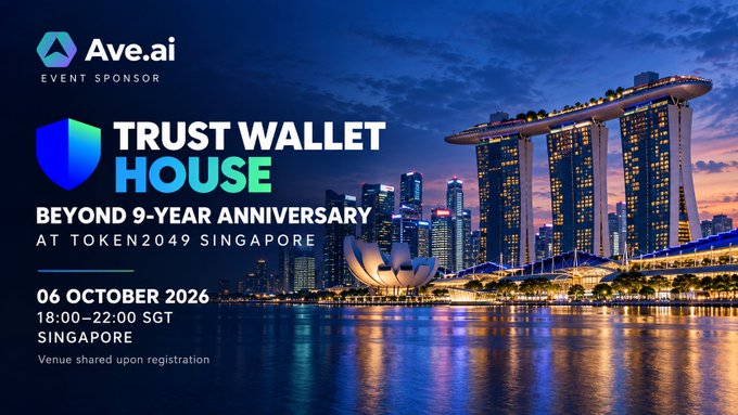 An event promotional banner for 'Trust Wallet House' sponsored by Ave.ai, celebrating their 9-year anniversary at Token2049 Singapore on October 6, 2026.