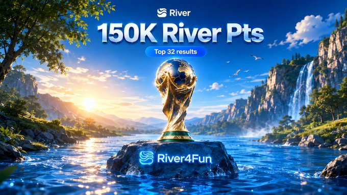 A promotional graphic for 'River' showing '150K River Pts' with 'Top 32 results' featuring a golden trophy with 'River4Fun' logo set against a scenic landscape with waterfalls.