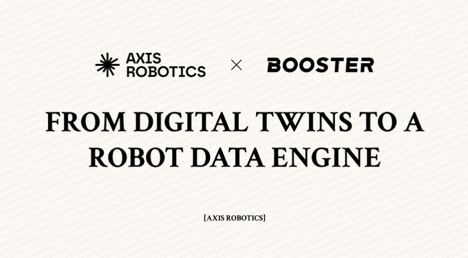 A collaboration announcement graphic between Axis Robotics and Booster, with the headline "From Digital Twins to a Robot Data Engine," highlighting their joint effort to use simulated environments—varying factors like camera angles, lighting, materials, and object placement—to generate training data for real-world robot tasks.