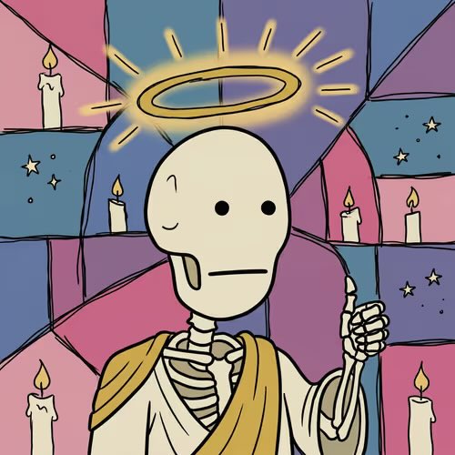 The image shows a cartoon skeleton saint with a glowing golden halo, dressed in white and gold robes, holding a brush in its bony hand. The background features a stained-glass-style design in pink and purple hues, decorated with lit candles and small stars, evoking a sacred or reverent atmosphere.

The caption could tie to the post "I'm 1:1 OK @okguynft" by noting that the artwork portrays the artist or project character as a haloed skeleton saint, blending religious iconography with crypto/NFT identity in a playful, reverent style.