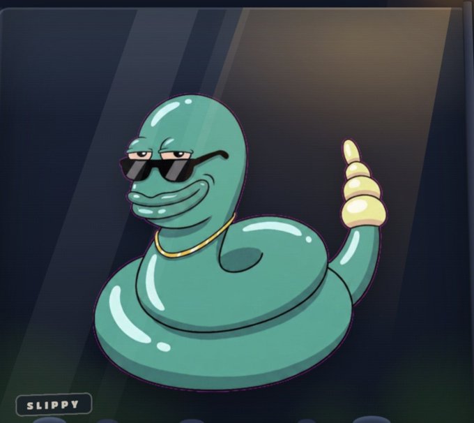 An illustration of a teal cartoon worm or snake character wearing sunglasses, a gold chain, and giving a thumbs-up, labeled 'SLIPPY' in the bottom left corner.
