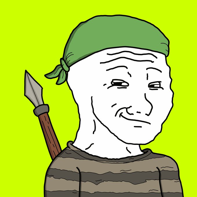 A cartoon-style drawing of a Wojak character wearing a green bandana and striped shirt with a spear on his back against a bright yellow background.