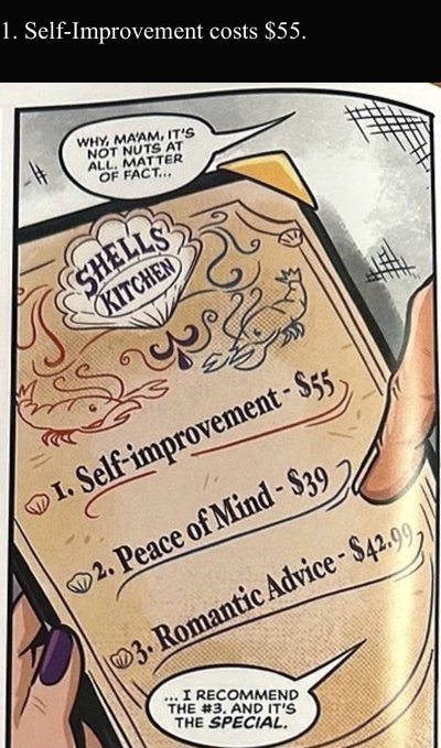 A comic panel from 'Shells Kitchen' menu listing items like '1. Self-improvement - $55' and '3. Romantic Advice - $42.99', with text stating 'I recommend the #3, and it's the SPECIAL.'