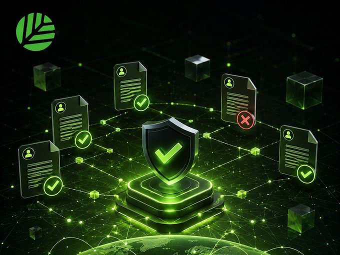 A glowing green shield with a checkmark sits at the center, surrounded by document icons with checkmarks and an "X," symbolizing fact-check verification. The image visually represents Veritas, a decentralized fact-checking tool on the CNPY Network that uses its own virtual chain to verify and authenticate Community Notes, ensuring transparency and trust in the fact-checking process itself.