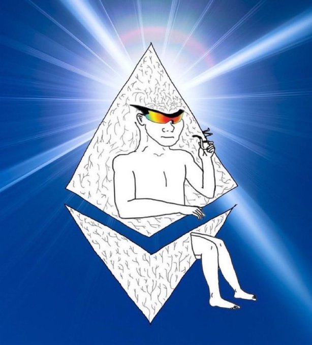 An artistic illustration of the Ethereum logo (the diamond-shaped symbol) stylized as a humanoid figure with brain-like textured patterns, wearing rainbow-lens sunglasses and smoking a cigarette, set against a radiating blue cosmic background.