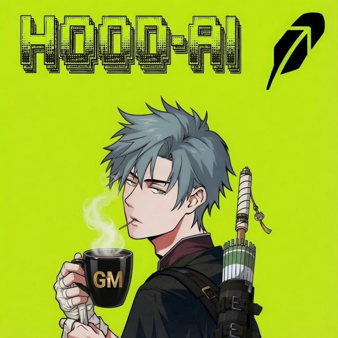 An anime-style illustration of a character with spiky gray hair holding a black "GM" mug against a bright green background with "HOOD-AI" pixelated text at the top.