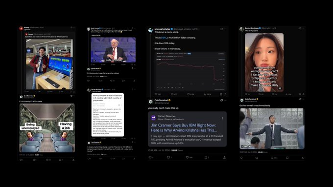 This collage of tweets, including an article about Jim Cramer and IBM, highlights market insights and replies from July, as presented by CoinTerminal. The collection of diverse content reflects the "market wisdom" mentioned in the accompanying post.