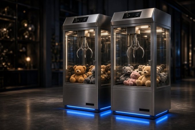Two metallic claw machine arcade cabinets filled with teddy bears, illuminated with blue LED lighting in a dark setting.