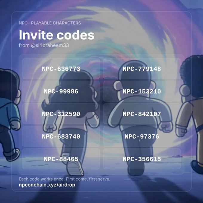 A graphic titled 'NPC · PLAYABLE CHARACTERS Invite codes' from @siribraheem33, listing ten 'NPC-' codes (e.g., NPC-636773) over an illustration of characters facing a swirling portal, with 'npconchain.xyz/airdrop' at the bottom.