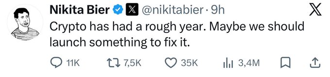 A tweet from Nikita Bier (@nikitabier) reading "Crypto has had a rough year. Maybe we should launch something to fix it." with 3.4M views.