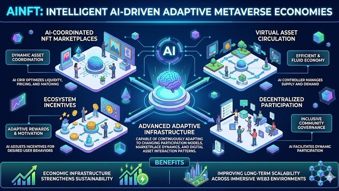 The image features a detailed infographic that explains the concept of intelligent AI-driven adaptive metaverse economies. The infographic displays various elements such as a brain, people, and buildings, which are used to represent different aspects of these economies. It also includes text that provides information about the benefits of this type of economy and how it can be implemented in the Metaverse.